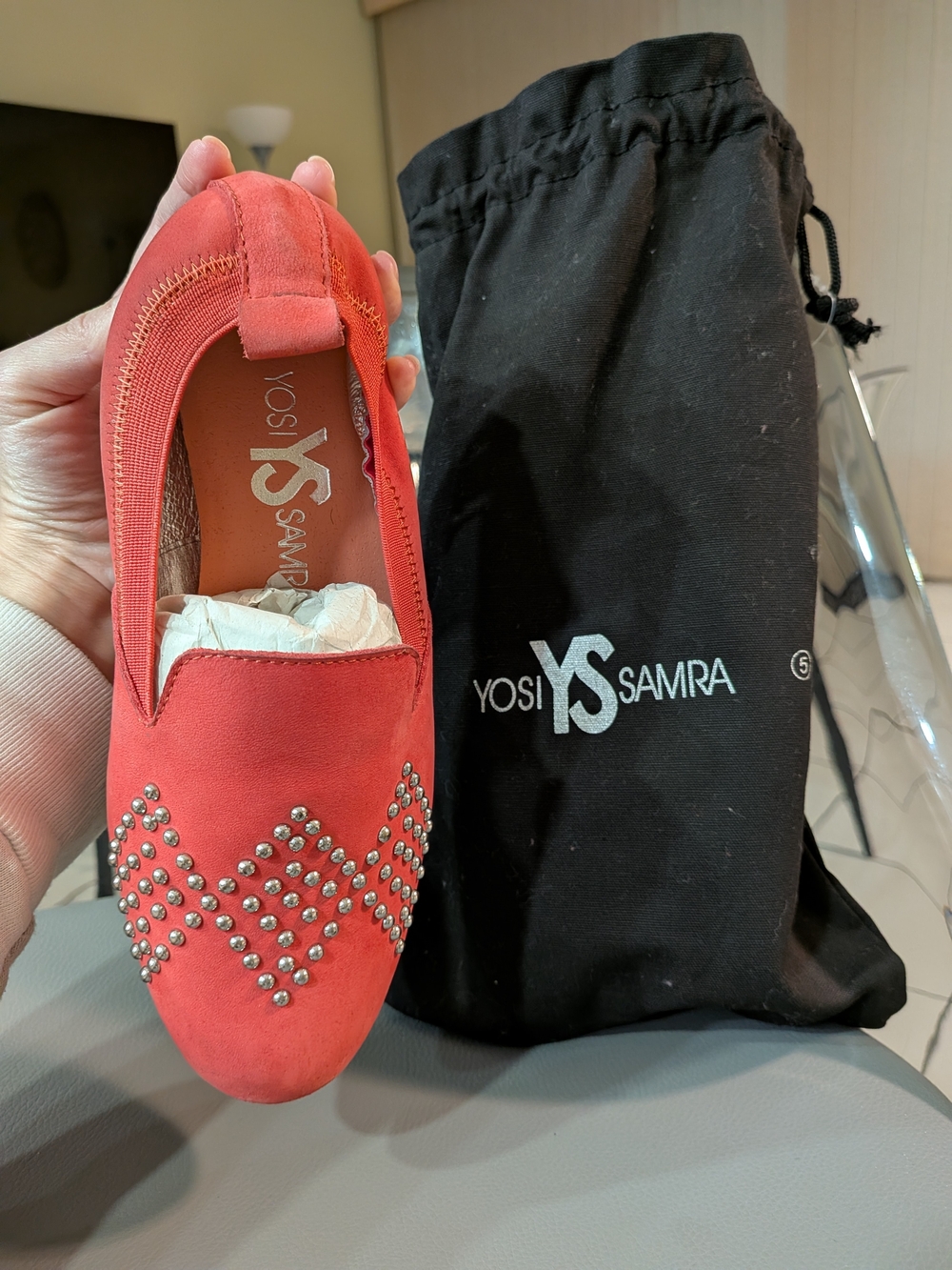 Yosi Samra Women's Red Studded Suede Loafer
